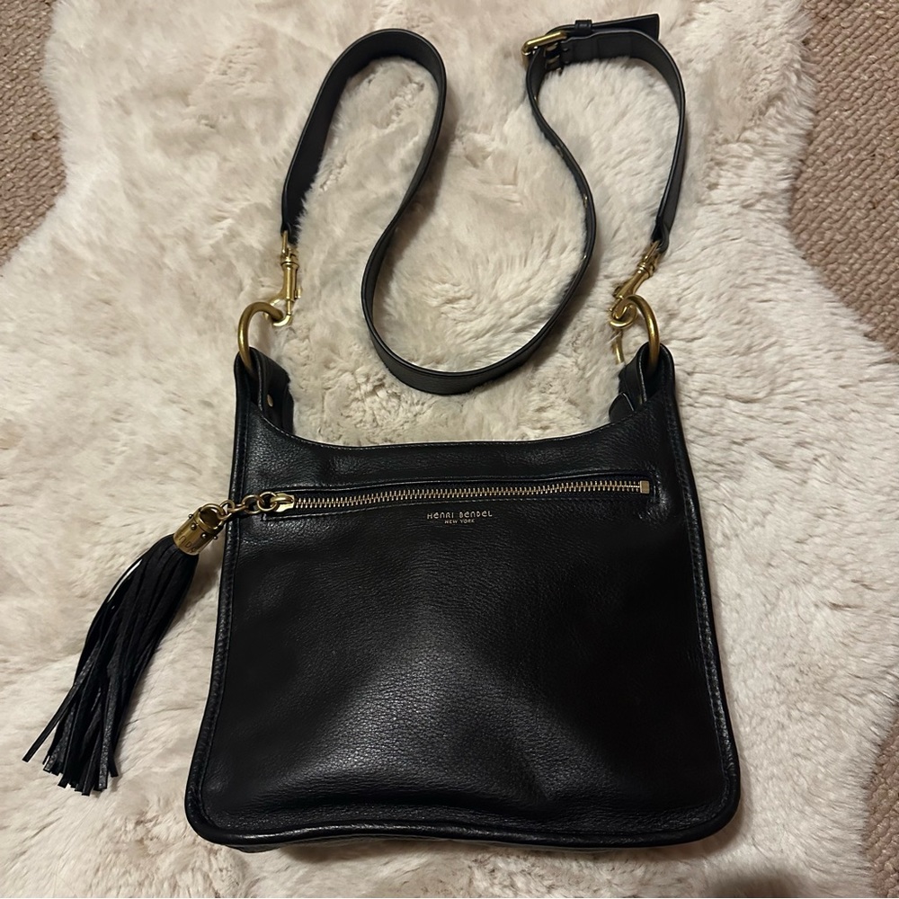 Henri Bendel Black Pebbled Leather Crossbody Satchel Shoulder Bag with Tassel
